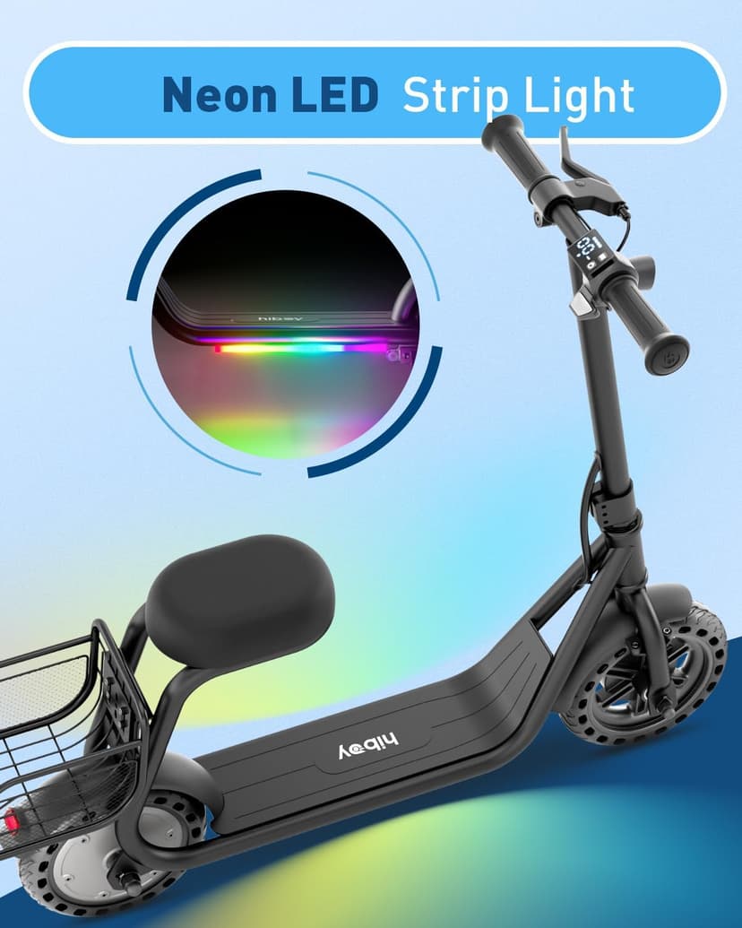 Hiboy Q2 Lite Electric Scooter with Seat for Kids Ages 4-10 - UL Certified, Up to 9.3 MPH with 100W Motor, 3-Speed Adjustable, Rear Basket, LED Neon/Brake Lights, LCD Display