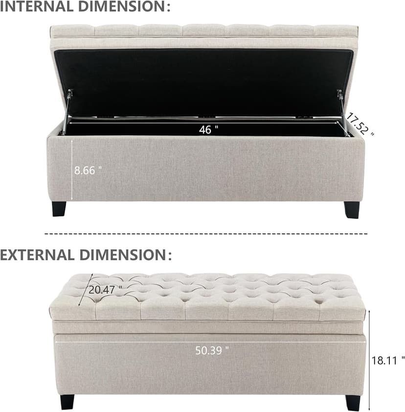 50 Inch Fabric Storage Ottoman, End of Bed Bench with Large Storage, Modern Upholstered Tufted Bench with Wood Legs, Beige