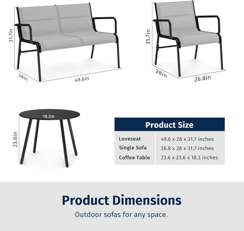 EAST OAK 4 Seats Outdoor Furniture Set, Waterproof Patio Furniture Set, Patio Loveseat with Coffee Table for Porch or Garden, 4-Piece Patio Conversation Sets for Balcony, Upgrade Grey