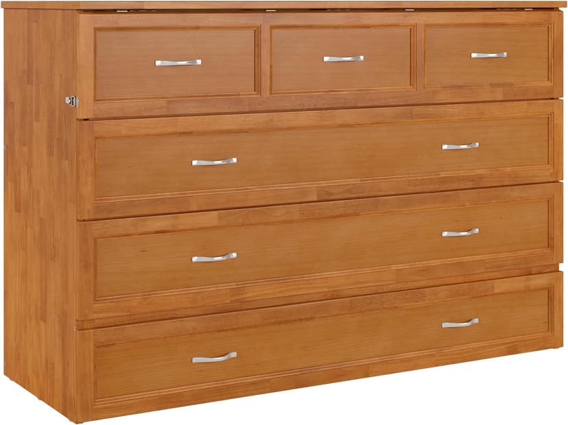 AFI, Northfield Queen Murphy Bed Chest with 6" Mattress, Storage Drawer & Built-in USB Charger, Light Toffee