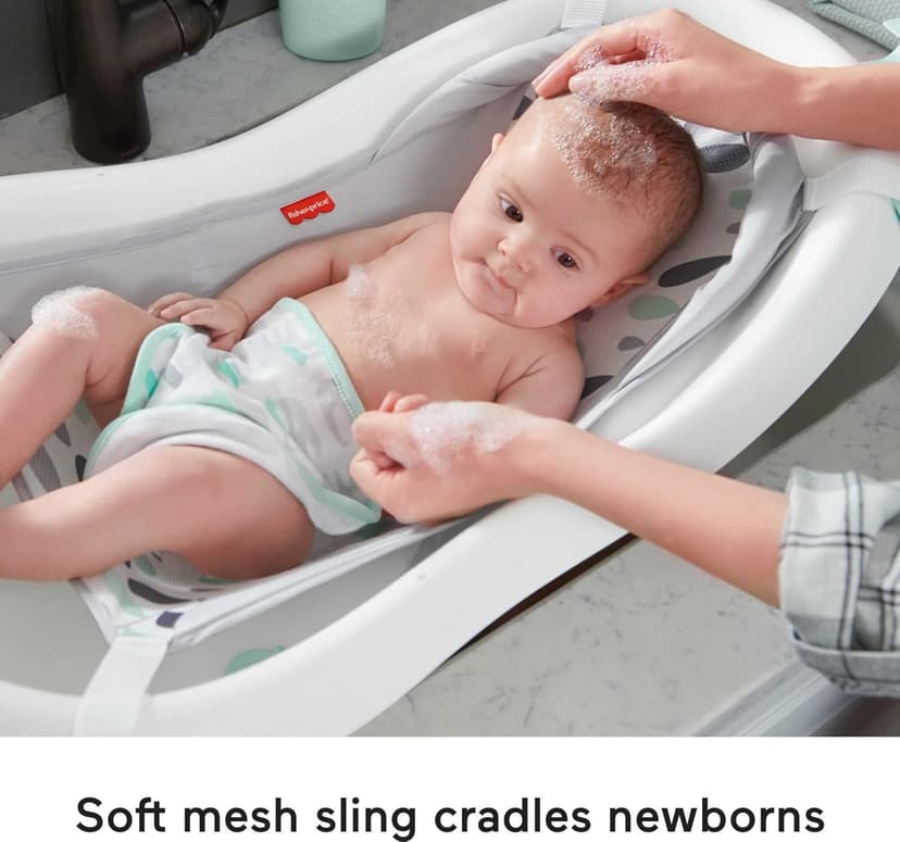 Fisher-Price Baby to Toddler Bath 4-in-1 Sling ‘n Seat Tub with Removable Infant Support and 2 Toys, Climbing Leaves