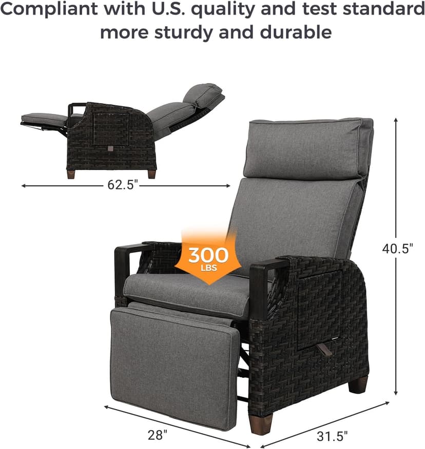 Grand patio Outdoor Recliner with Independent Adjustable Back and Footrest, Air Pump 150° Lay Flat Reclining Chair Removable Olefin Cushion Flip-Up Table Wicker Grey 1PC