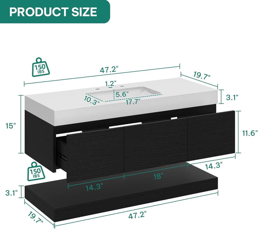 YITAHOME 48 Inch Floating Vanity with 3 Drawers, Wall Mounted Bathroom Vanity with White Quartz Countertop & Oak Veneer, Big Space Storage for Modern Bathroom, Black