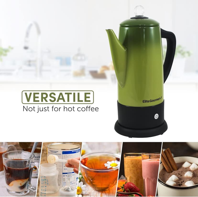 Elite Gourmet EC812G Vintage 50’s Electric Coffee Percolator Clear Brew Progress Knob Cool-Touch Handle Cord-less Serve, 12-Cup, Retro Green