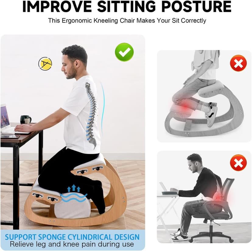 Adjustable Kneeling Chair, Wooden Ergonomic Chair Knee Chair Posture Chair - Improve Your Posture with an Angled Seat for Home,Office (Wood Color+ Pads)