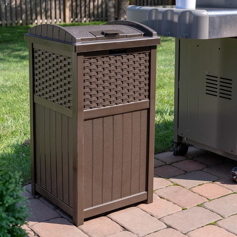 Suncast 33 Gallon Commercial Outdoor Trashcan Hideaway with Lid for 30 to 33 Gallon Trash Bags for Garage, Backyard, or Garden, Brown