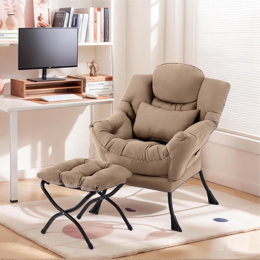 Lazy Chair with Ottoman, Modern Lounge Armchair with Lumbar Pillow, Accent Cozy Reading Chair and Folding Footstool for Bedroom, Dorm, Living Room,Khaki