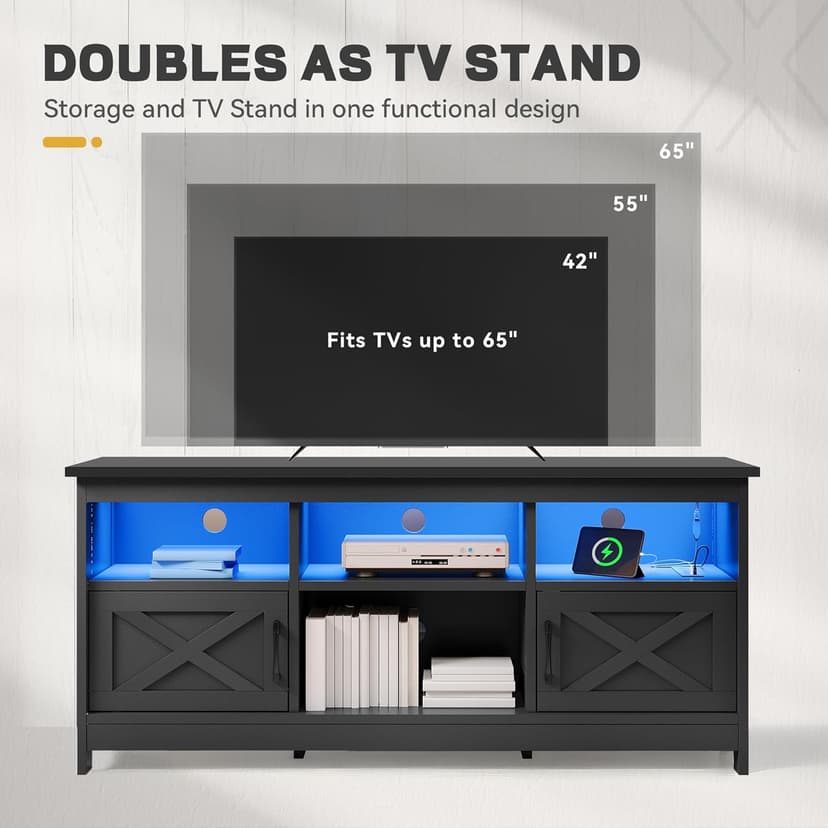 YITAHOME TV Stand for 65 Inch TVs, Entertainment Center with Storage Cabinets, Power Outlet & LED Light, Media Console Living Room Furniture, Black