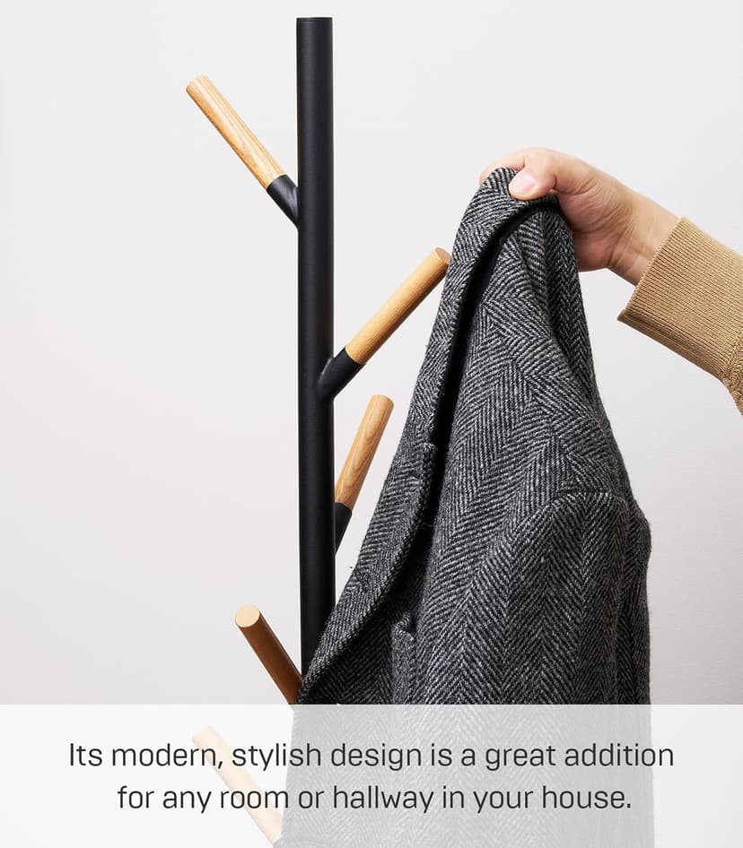 Yamazaki Home Plain Freestanding Coat Hanger Rack With Wooden Hooks, Space Saving, 70" - Steel