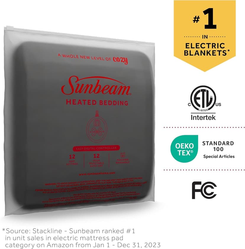 Sunbeam Electric Royal Luxe Microplush Heated Blanket 12 Heat Settings, 12-Hour Selectable Auto Shut-Off, Fast Heating, Warm and Cozy, Sandstone Color, Queen, 90" x 84"
