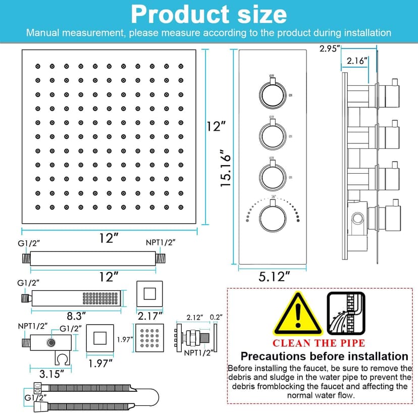 HOMEDEC 12inch Rain Shower System with Full Body Jets Sprays, Ceiling LED Brass Shower Faucet Set with 3 Functions Thermostatic Valve, Can Use All Function At Once