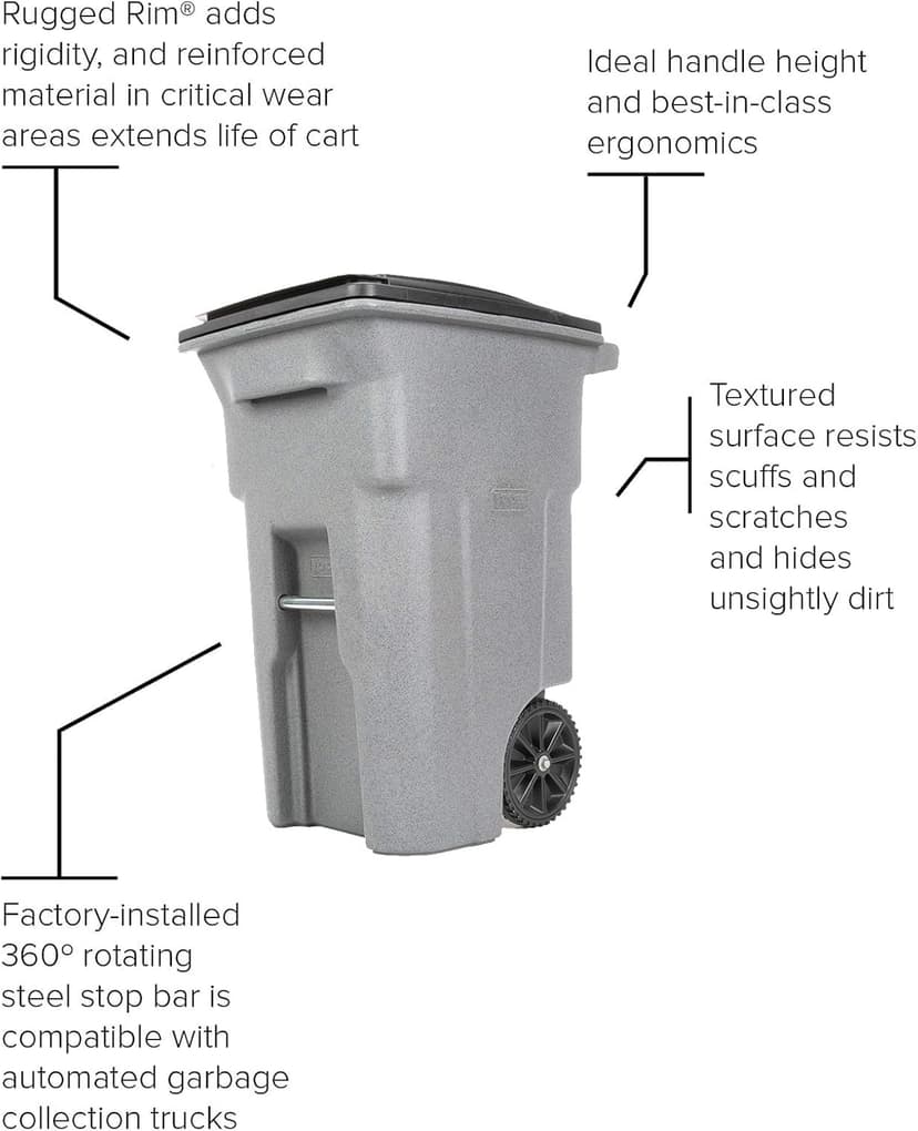 Toter 25564-R1209 Residential Heavy Duty Two Wheeled Trash Can, Blackstone, 64 Gallon