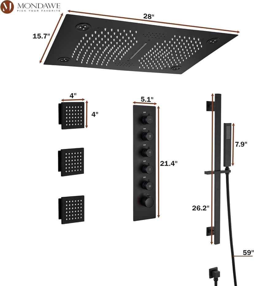 MONDAWE 28 Inch Flush-Mounted Thermostatic Shower System in Matte Black, 64 Colors LED and Bluetooth Control Music Rainfall Shower Head, Handheld Spray and Body Jets, High Pressure Shower Faucet Set