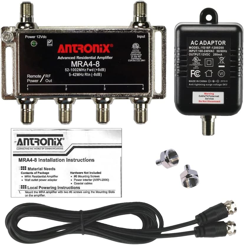 Reliable Cable 4-Port Cable TV/Antenna/HDTV/Internet Digital Signal Amplifier/Booster/Splitter with Passive Return, Black Coax Power Cable, F59 Terminators (Antronix MRA4-8)