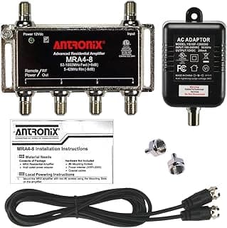 Reliable Cable 4-Port Cable TV/Antenna/HDTV/Internet Digital Signal Amplifier/Booster/Splitter with Passive Return, Black Coax Power Cable, F59 Terminators (Antronix MRA4-8)