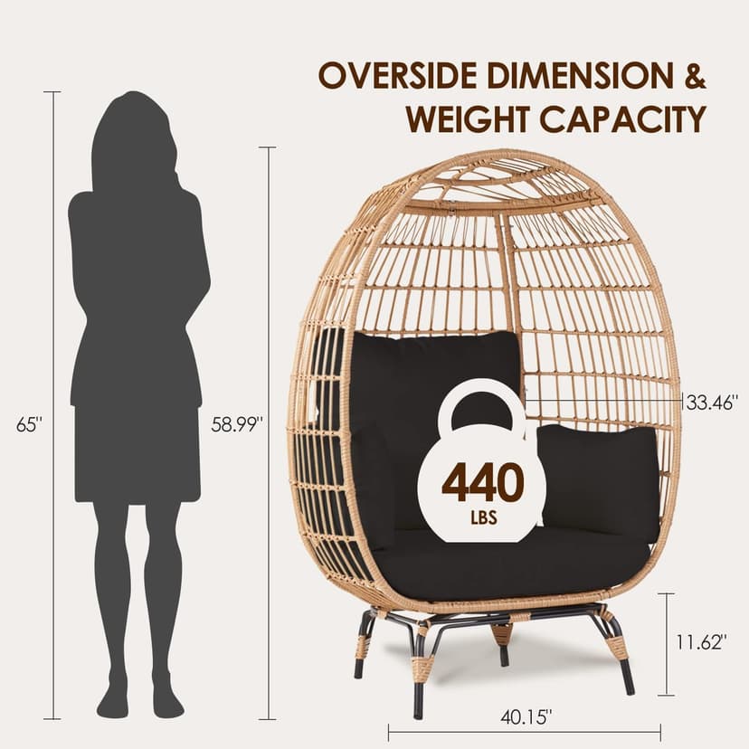Oversized Wicker Egg Chair Set of 2, Outdoor Indoor Lounger with 4 Cushions, 440lb Capacity, Egg Basket Chair for Living Room, Backyard, Balcony, Patio, Black