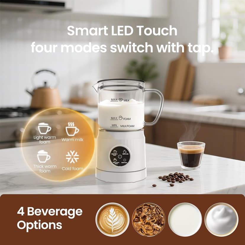 4-in-1 Milk Frother, Electric Milk Frother and Steamer with LED Touch Screen, Non-stick Bottom, Milk Warmer 13.52oz for Lattes, Cappuccinos, and Macchiatos at Home, White