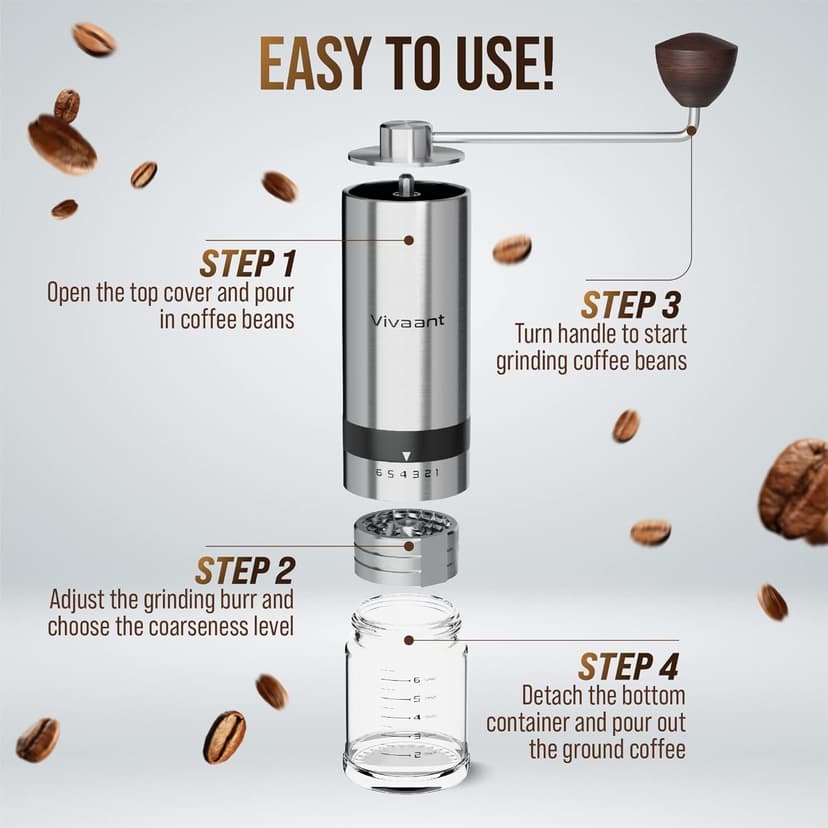 Manual Coffee Grinder — Hand Coffee Grinder with Adjustable Dragon Tooth Stainless Steel Conical Burr, No-Power, Manual Coffee Grinder for Drip Coffee, Espresso, French Press, and More!
