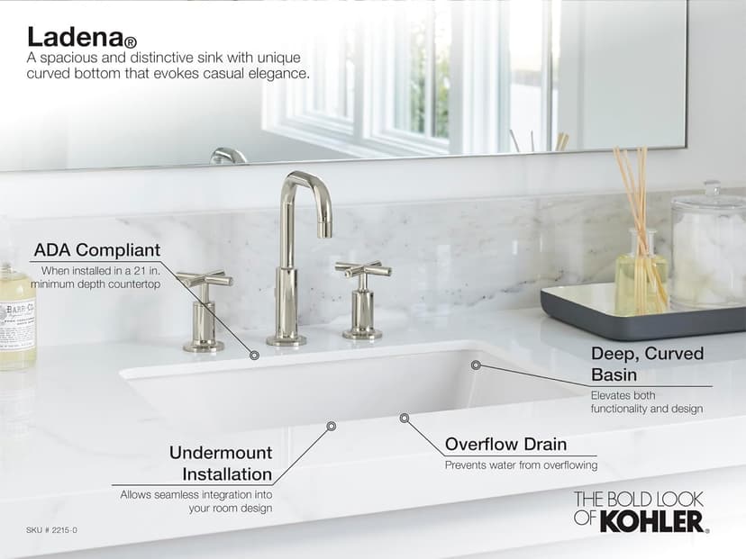 KOHLER 2215-0 Ladena Rectangular Undermount Bathroom Sink With Curved Bottom, 23-1/4" W X 16-1/4" L, White