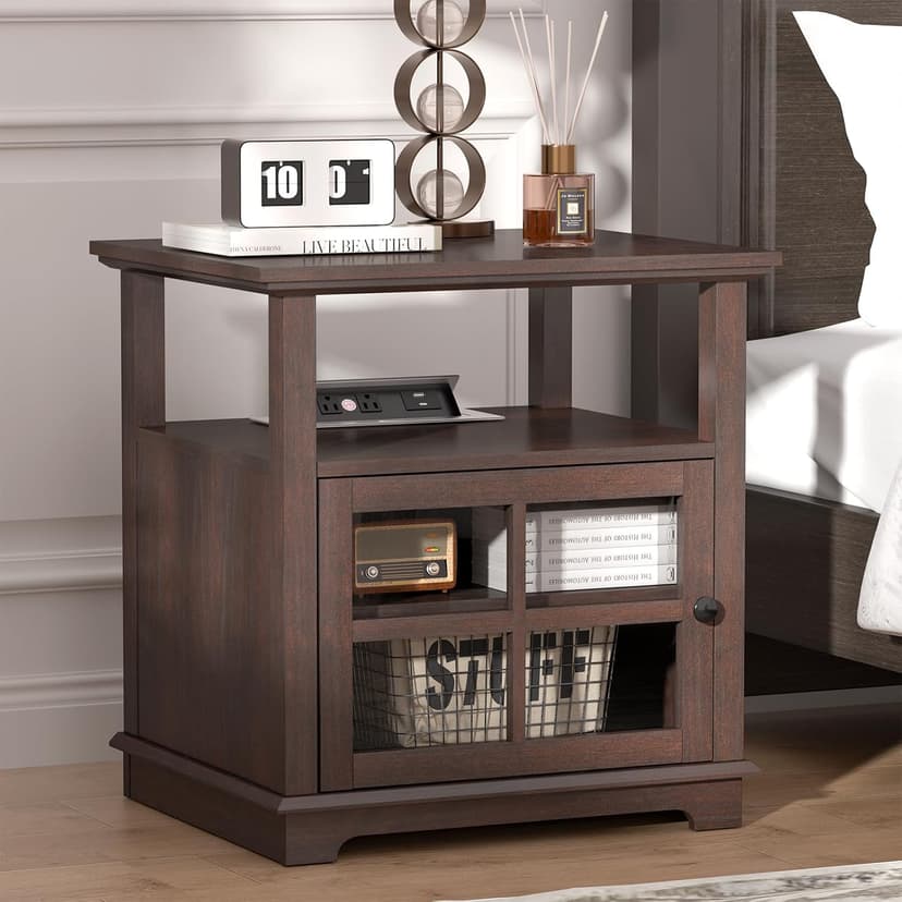 HIFYOBRO 24''Tall End Table with Charging Station, Adjustable Shelf, Storage Side Table,21" Large Nightstand for Living Room, Bedroom,Espresso