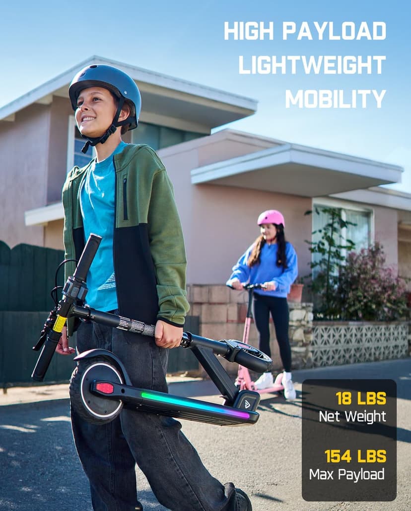 FanttikRide T9 Apex Electric Scooter for Kids 4.3-5.6 ft, 200 W Motor, LED Colorful Lights with Bluetooth Music Speaker, 7/10/12 MPH Digital Display, Adjustable Height, Foldable, Up to 40 mins