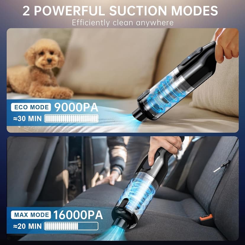 Handheld Vacuum Cordless, Car Vacuum with 16000Pa Powerful Suction, Lightweight at 1.3 lbs, Rechargeable Vacuum Cleaners for Home Office Car Pets with Brushless Motor, Multiple Accessories