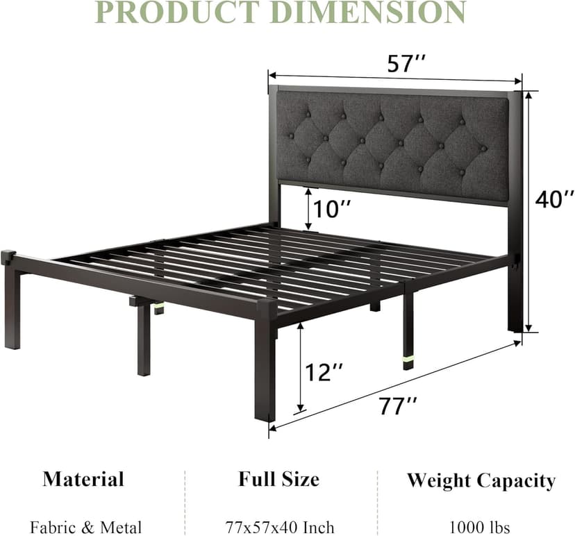 Feonase Full Size Metal Bed Frame, Heavy-Duty Platform Bed Frame with Linen Upholstered Headboard, 12" Storage Space, Steel Slats Support, No Box Spring Needed, Gray