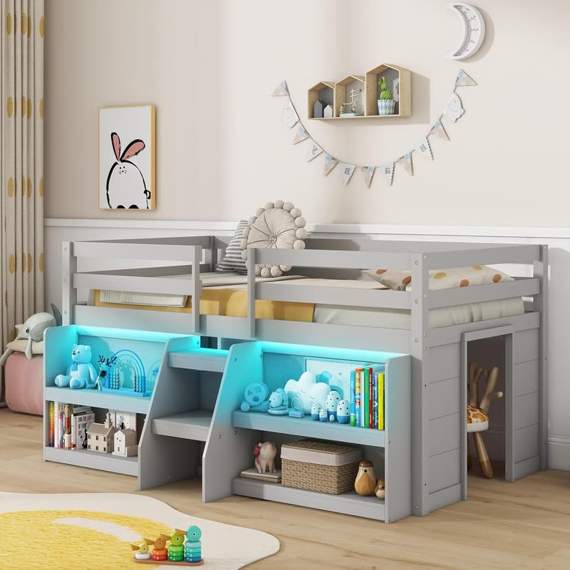 Giantex Low Loft Bed with LED Lights, Wooden Loft Bed Twin Size with Stairs & Safety Guardrail, Loft Bed for Kids with Storage Bookcase and Under-Bed Play Space, Grey