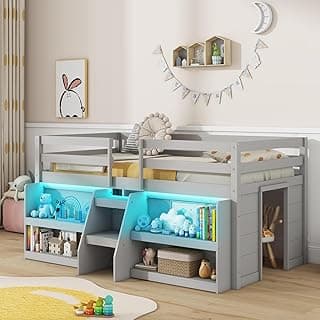 Giantex Low Loft Bed with LED Lights, Wooden Loft Bed Twin Size with Stairs & Safety Guardrail, Loft Bed for Kids with Storage Bookcase and Under-Bed Play Space, Grey
