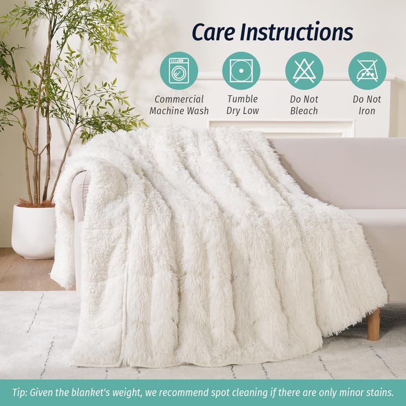 Wemore Shaggy Long Fur Faux Fur Weighted Blanket, Cozy and Fluffy Plush Sherpa Long Hair Blanket for Adult 15lbs, Fluffy Fuzzy Sherpa Reverse Heavy Blankets for Bed, Couch, Cream White, 48 x 72 Inches