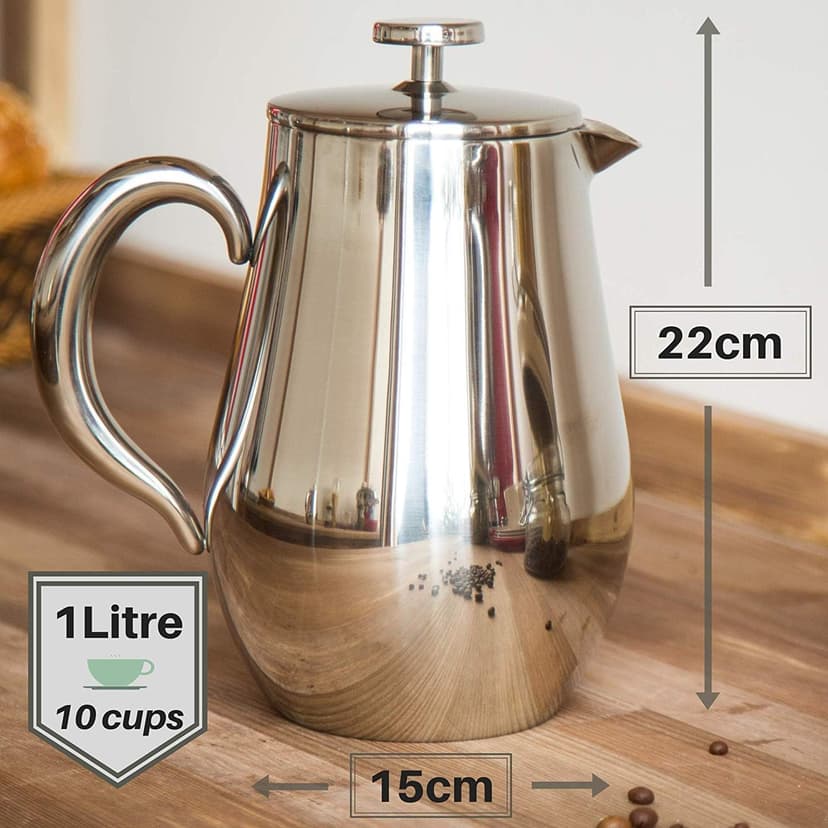 VeoHome - 1 Litre piston coffee maker - Unbreakable and keeps coffee hot for a long time thanks to its double stainless steel shell…