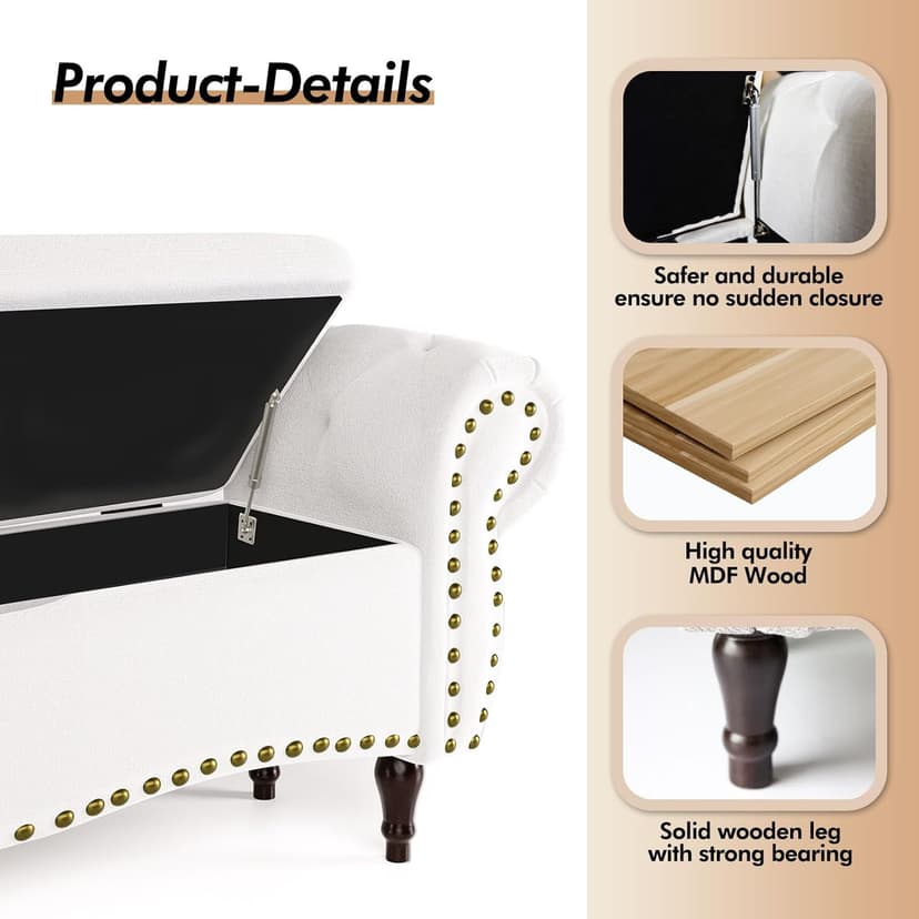 Storage Ottoman Bench, 53" Length Upholstered Bench & Ottoman with Safety Hinge, Tufted Bed Bench with Rolled Arm and Nailhead Trim, End of Bed Storage Bench for Bedroom, Living Room, Entryway