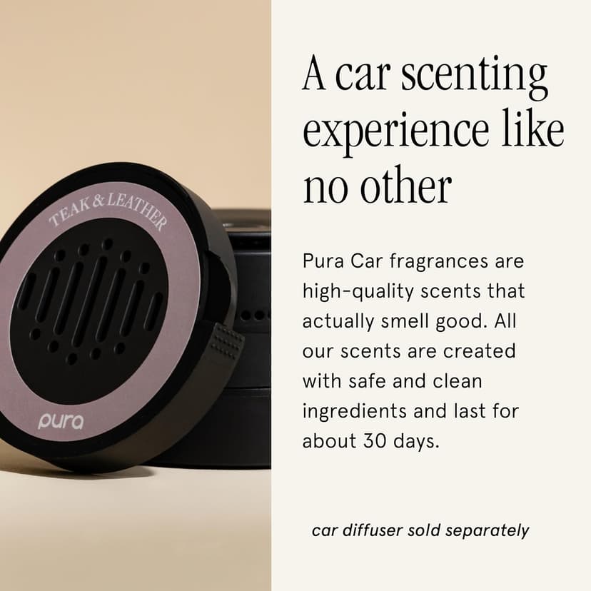 Pura Car Diffuser Starter Set - Smart Car Aroma Diffuser & Premium Car Diffuser Fragrance - Long-Lasting Fragrance for 30 Days of Aroma - Car Must-Have - Teak & Leather