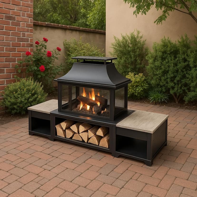 Rimasco 80-Inch Metal Wood Burner Fireplace with Side Storage Tables - Wood Burning Fire Pit for Home - Smokeless Patio Fire Pit - Outdoor