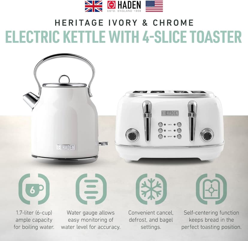HADEN Heritage Stainless Steel Body Retro Electric Tea Kettle, White and Haden Heritage 4 Slice Wide Slot Stainless Steel Retro Toaster, White