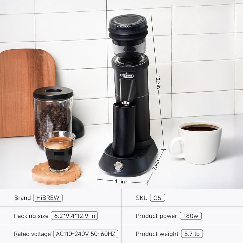 HIBREW G5 Single-Dose Espresso Grinder with Conical Burr, Magnetic Dosing Cup, Metal Housing, Dual-Speed Adjustment, 36-Step Micro Grind Settings - for Espresso Moka Pots & Drip Coffee