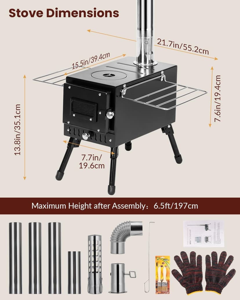 Wood Stove, Portable Tent Stove with 7-Section Stainless Steel Chimney, HeatControl Stovepipe and Elbow Pipe, Wood Burning for Outdoor Camping and Ice Fishing