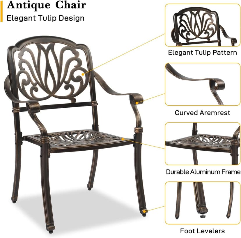 VINGLI 7-Piece Outdoor Dining Set, Cast Aluminum Patio Furniture Set for 6 with Umbrella Hole, Rectangular Outdoor Dining Table & 6 Stackable Chairs, All-Weather Garden/Poolside Dining Set Bronze