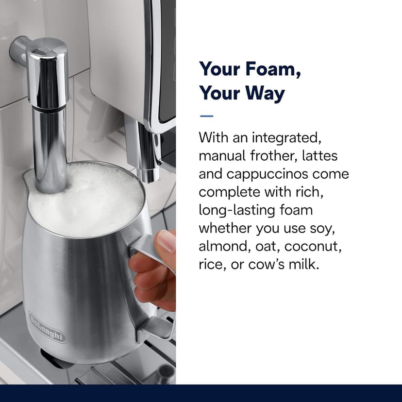 De'Longhi Dinamica Espresso Machine, White - Automatic Bean-to-Cup Brewing, Built-In Steel Burr Grinder & Manual Frother - One-Touch Hot & Iced Coffee - Easy Cleanup