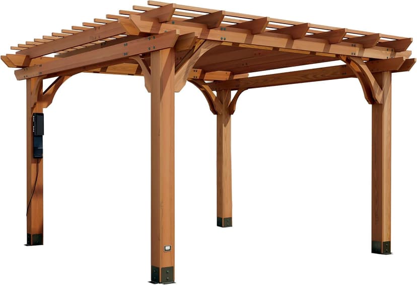 Backyard Discovery Beaumont 12' x 12' Traditional Cedar Wood Pergola Kit with Trellis Roof, All-Season Durability, High-Wind Rating, PowerPort, Shade for Outdoor Patio, Deck, Garden, and Entertaining