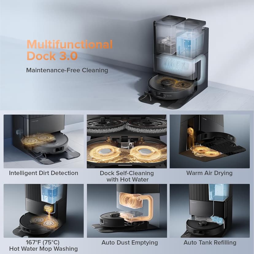 roborock Qrevo Edge S5A Robot Vacuum and Mop, 17,000Pa, Zero-Tangling, DuoDivide Main Brush, FlexiArm Side Brush, Hot Water Mop Washing & Self-Cleaning, Warm Air Drying, Self-Emptying, Black