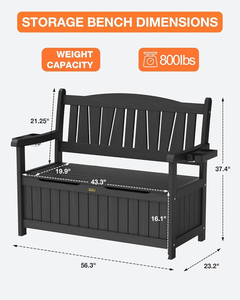 YEFU Outdoor Storage Bench for Patio: Heavy Duty Garden Bench with 96° High Backrest & Oversized Seating - HIPS Weatherproof Patio Bench with Storage for Porch Park Backyard, Black