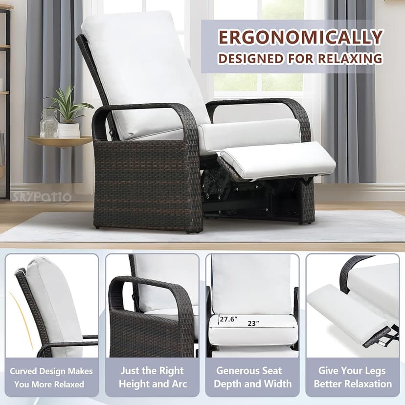 Skypatio Outdoor Recliner Chair, Adjustable All-Weather Wicker Oversized Patio Reclining Chair, Aluminum Patio Rattan Armchair with Thick Cushion for Porch, Balcony, Indoor