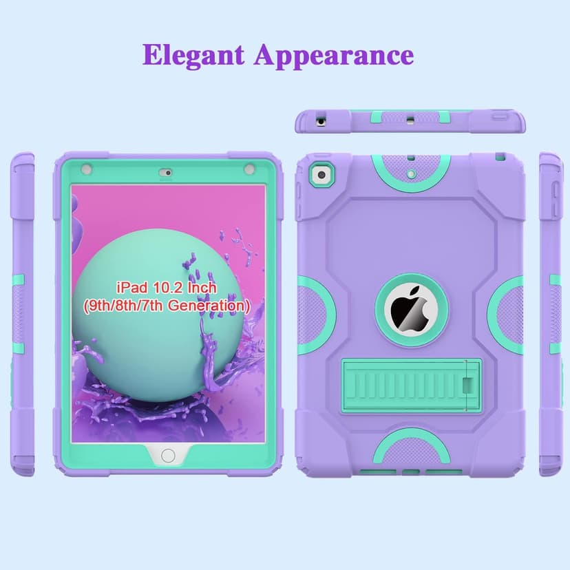 for iPad 9th Generation Case, iPad 8th 7th Generation Case, iPad 10.2 Inch 2021/2020/2019 Case, Heavy Duty Rugged Shockproof Protective Cover with Kickstand for Kids Boys Girls Purple/Green