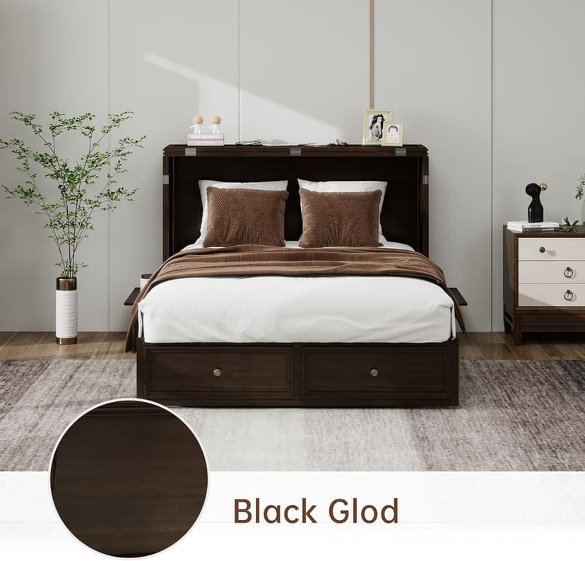 Murphy Bed Cabinet Full with Tri-Folding Mattress, Solid Wood Murphy Bed with 2 USB & 2 Charging Ports, Large Storage Drawer for Home Office or Small Space, Ebony Wood Color