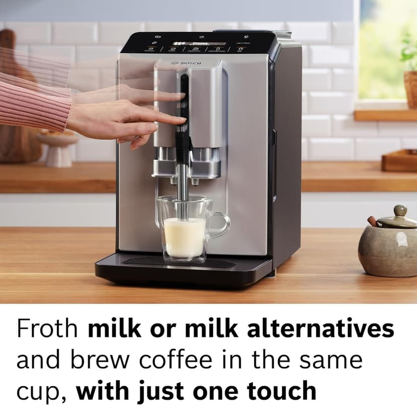 Bosch 300 Series Fully Automatic Espresso Machine – In-Cup Frother, OneTouch Milk Drinks, 5 Drink Options, Ceramic Grinder, Easy Clean & Descale, in Silver