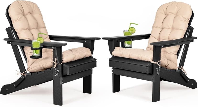 nalone Folding Adirondack Chairs Set of 2 with Cushions and Cup Holder, HDPE Plastic Oversized Patio Chair Weather Resistant, Used in Outdoor, Fire Pit, Deck, Garden, Campfire Chairs (Black)