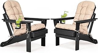 nalone Folding Adirondack Chairs Set of 2 with Cushions and Cup Holder, HDPE Plastic Oversized Patio Chair Weather Resistant, Used in Outdoor, Fire Pit, Deck, Garden, Campfire Chairs (Black)