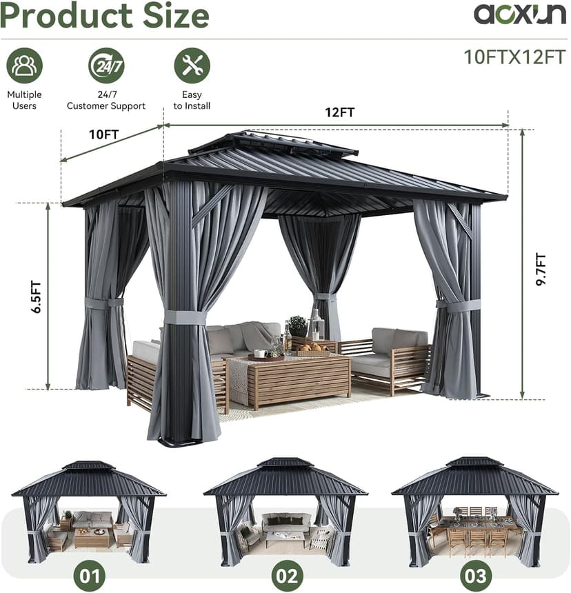 Aoxun Hardtop Gazebo 10x12, Aluminum Frame Canopy with Double Galvanized Steel Roof, Outdoor Gazebo with Breathable Netting and Privacy Curtain for Backyard