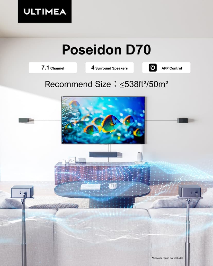 ULTIMEA 7.1ch Soundbar with Wireless Subwoofer, Virtual Surround Sound System for TV, App Control, 410W Peak Power, Sound bar for TV, 4 Wired Surround Speakers, Home Theater Sound System Poseidon D70